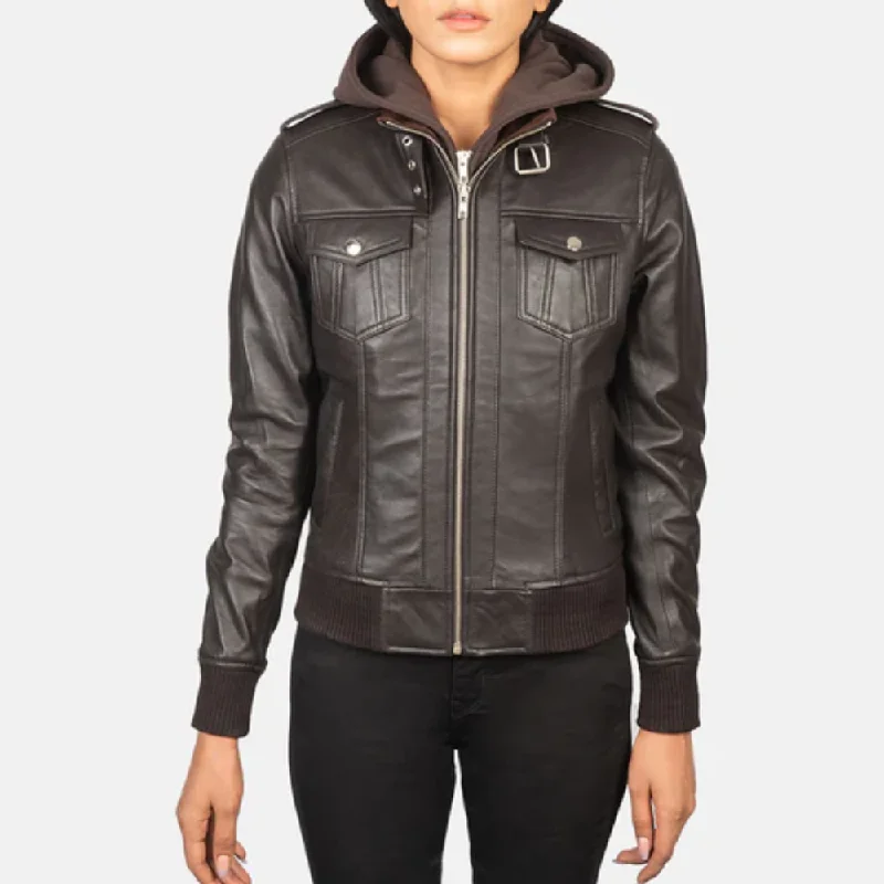 Brown Roslyn Hooded Bomber Leather Jacket Cozy Knit Bomber