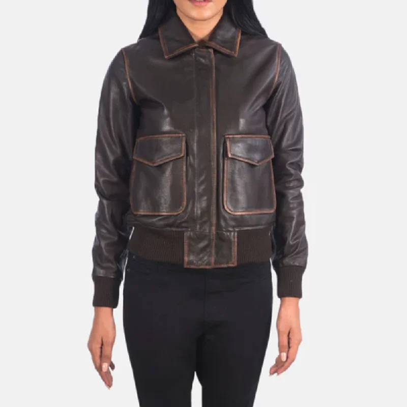 Brown Westa A-2 Bomber Leather Jacket Striped Ribbed Bomber