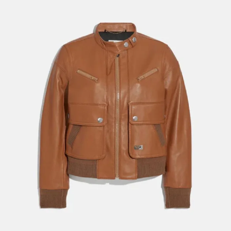 Brown Women Lambskin Biker Leather Bomber Jacket Utility Pocket Bomber