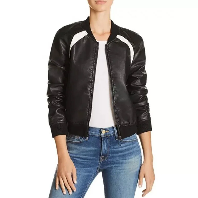 Casual Baseball Collar Black Leather Bomber Jacket Fleece Jacket Down Jacket Feather Jacket
