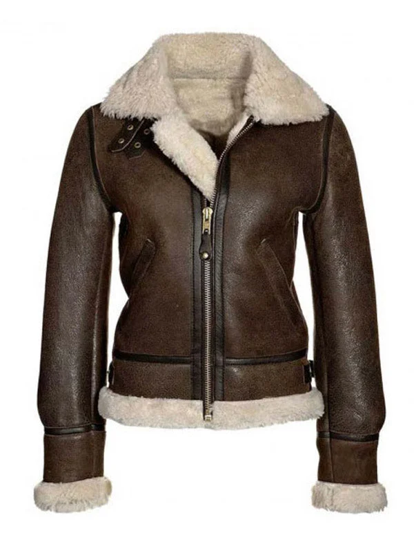 Chocolate Brown Fur Leather Aviator Jacket Women Lightweight Loungewear Bomber