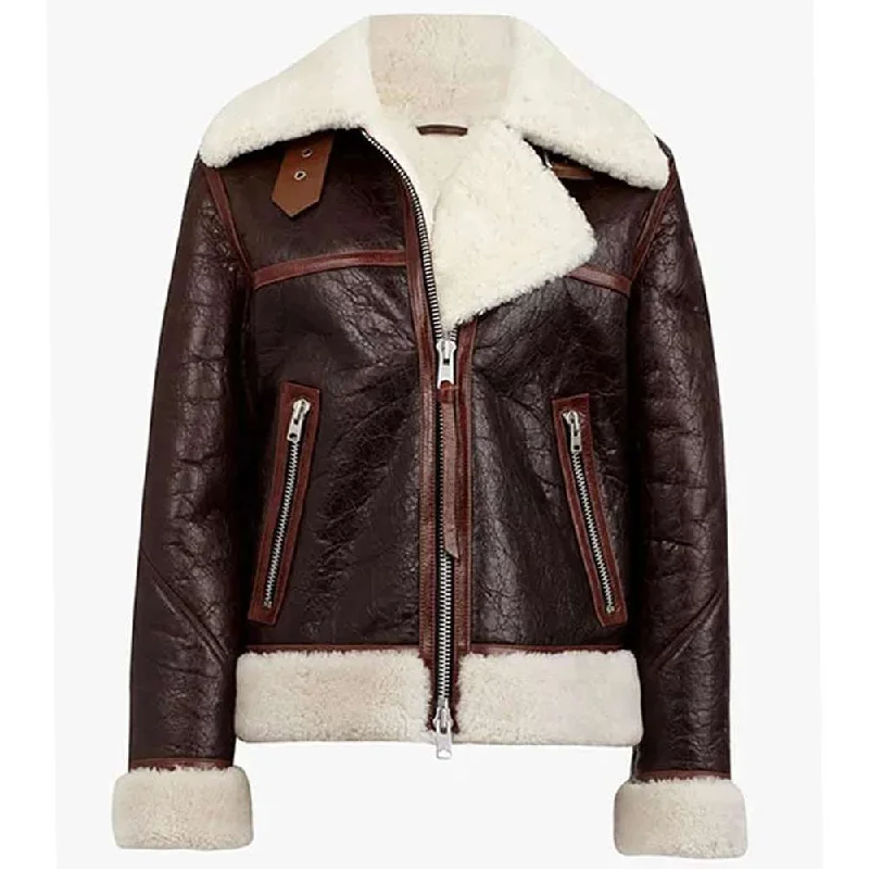 Chocolate Brown Shearling Leather Jacket Women Boat Neck Shawl Collar Notched Collar