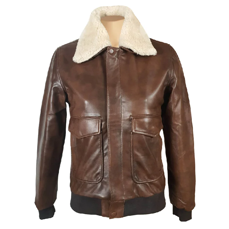Cindy's two tone Brown A2 bomber Leather Jacket with Fur Collar Zip-Up Track Bomber