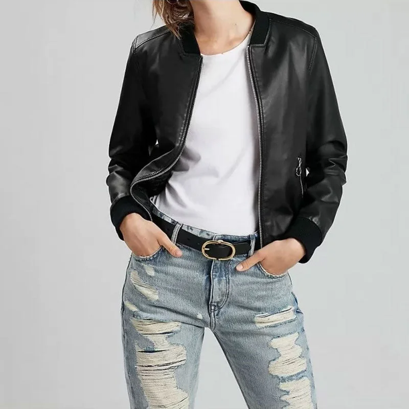 Classic Pure Lambskin Black Leather Bomber Jacket Cotton Jacket Linen Jacket Terry Jacket