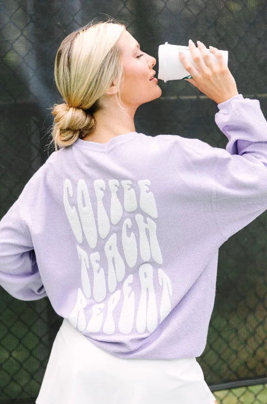 Coffee Teach Repeat Puff Vinyl Lilac Purple Graphic Corded Sweatshirt Chic Belted Romper