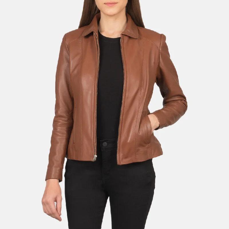 New Women Flight Sheepskin  Brown Leather Jacket Sporty Nylon Bomber