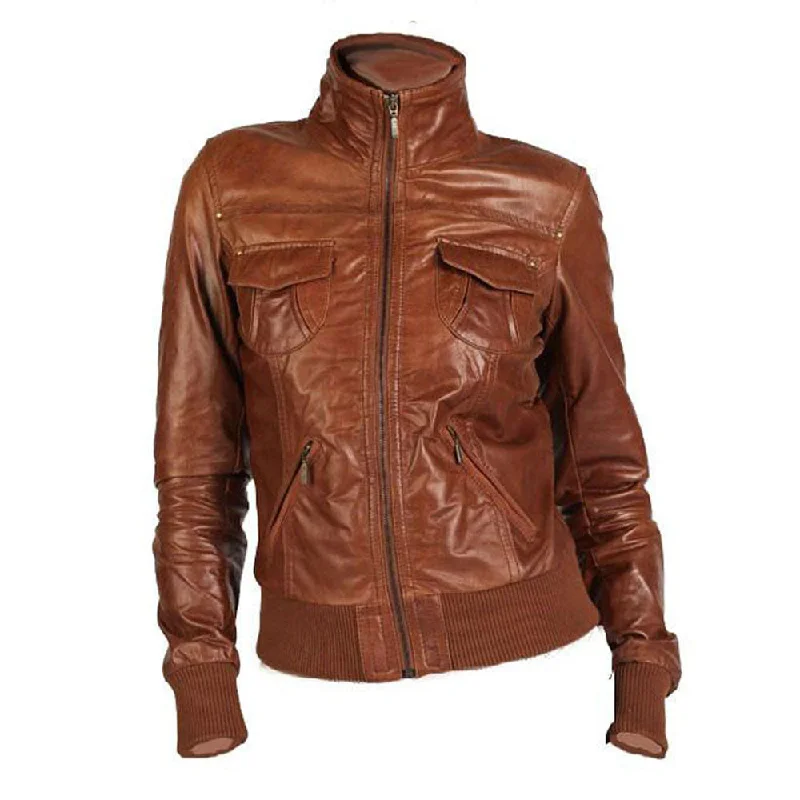 Women's zip up waxed cognac leather jacket with ribbed cuffs and hem Colorful Patch Bomber