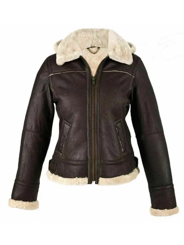 Dark Brown Shearling Leather Jacket Women Sleek Metallic Bomber