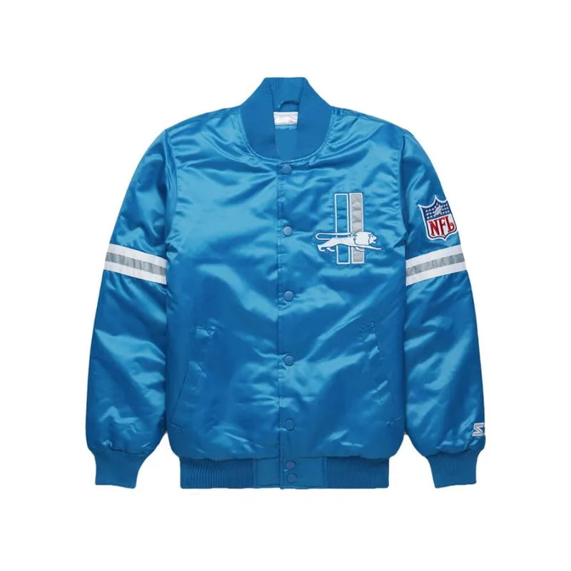 Detroit Lions Starter Blue Satin Jacket Casual Workwear Bomber