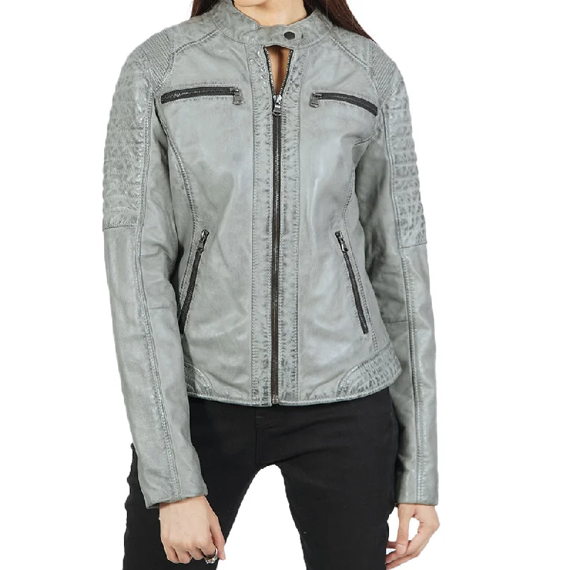 Donna Grey Leather Jacket Retro 90s Bomber
