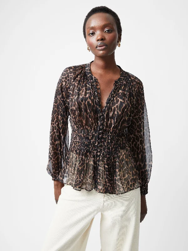 Emina Chiffon Leopard Print Long Sleeve Top Minimalist Cotton Overalls