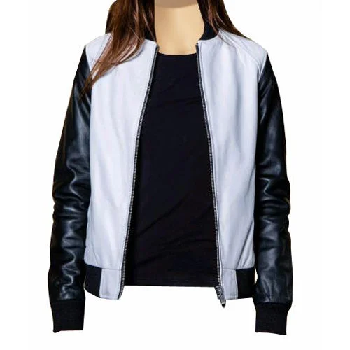 Enya’s Black and White Collarless Leather Jacket Camouflage Print Bomber