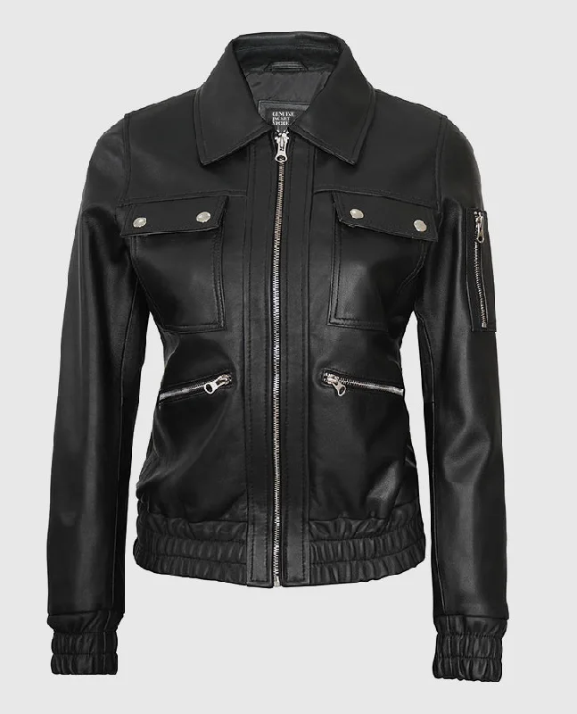 Evelyn Women's Classic Black Leather Bomber Jacket Satin Jacket Silk Jacket Chiffon Jacket