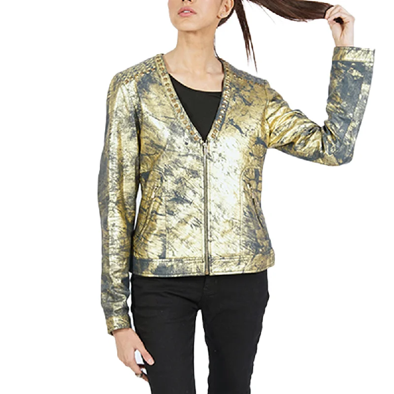 Glitter Navy Gold Leather Jacket Chic Parisian Bomber