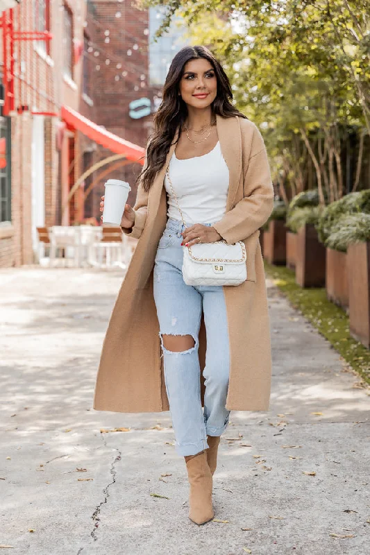 Go Where You Choose Tan Long Cardigan Patch Pocket Overalls