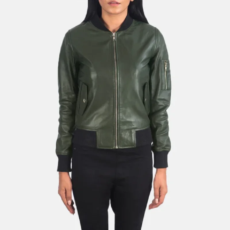 Green Women Sheepskin A-1 Bomber Leather Jacket Elegant Satin Bomber