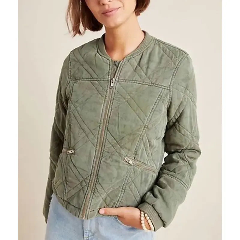 Green Behind Her Eyes Louise Quilted Bomber Jacket High-Fashion Luxe Bomber