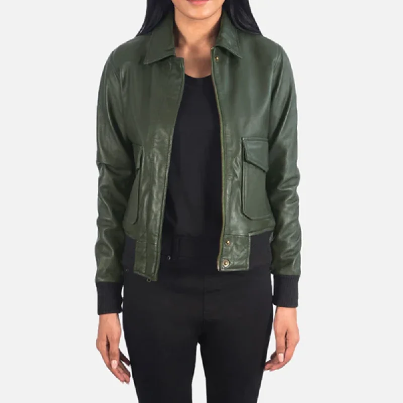 New Women Green Suede A2 Bomber Jacket Adjustable Waist Bomber