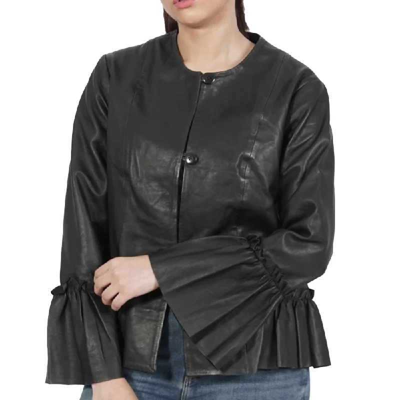 Grisella Classic Black Leather Jacket Bold Graphic Bomber