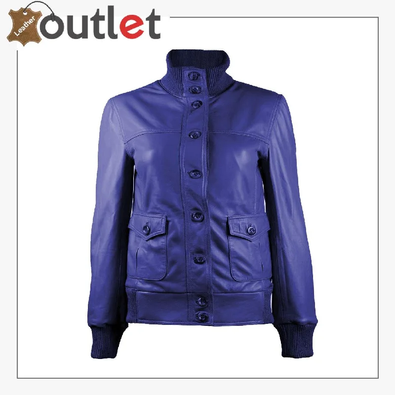 Gusty Dark Blue Bomber Womens Leather Jacket Adjustable Waist Bomber