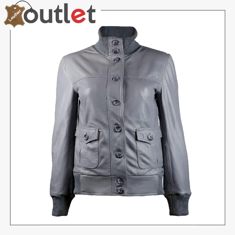 Gusty Grey Bomber Womens Leather Jacket Faux Leather Bomber
