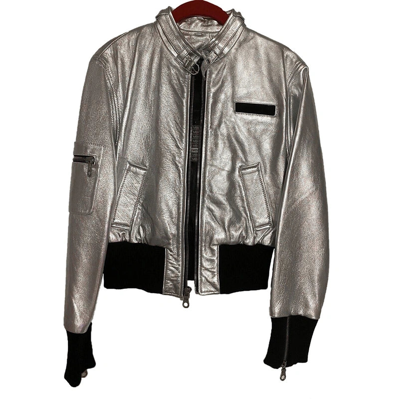 Hannah Montana Miley Cyrus Silver Bomber Jacket Luxe Faux Suede Bomber