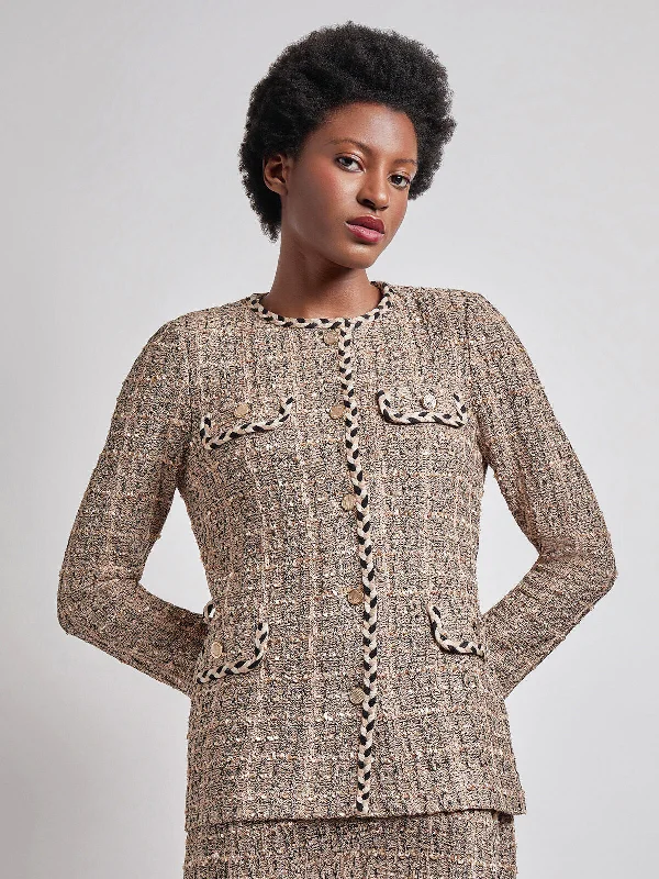Heritage Fit Braid Trim Tweed Knit Jacket Belted Waist Jumpsuit