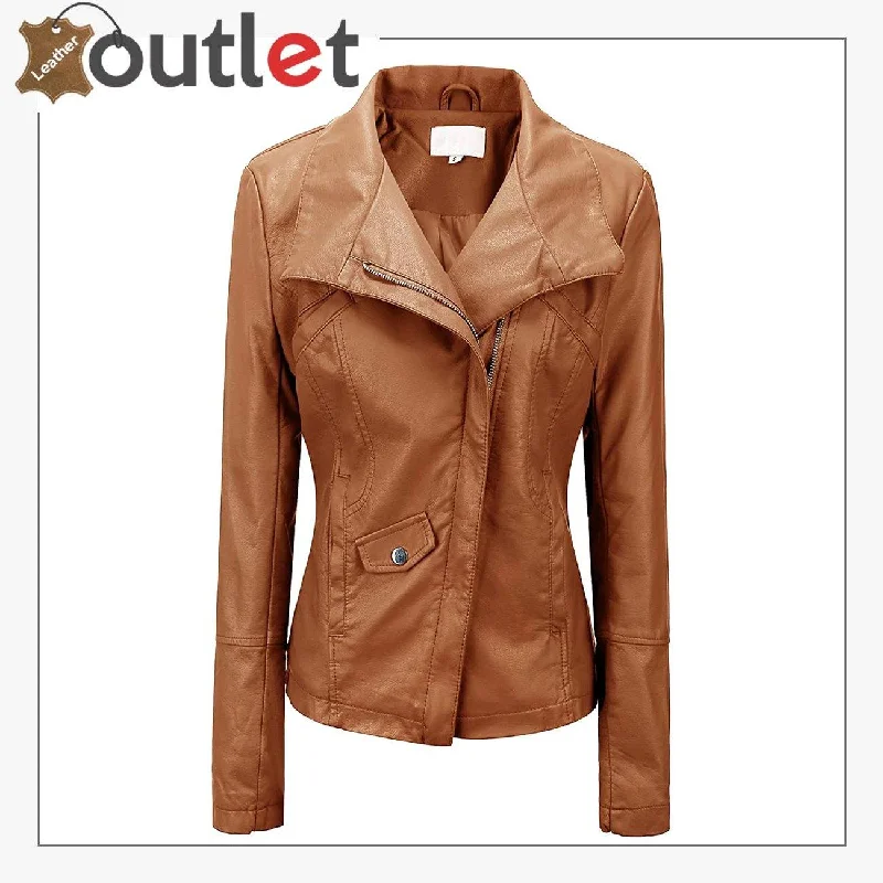High Color Brown Leather Bomber Jacket For Women Cropped Denim Bomber