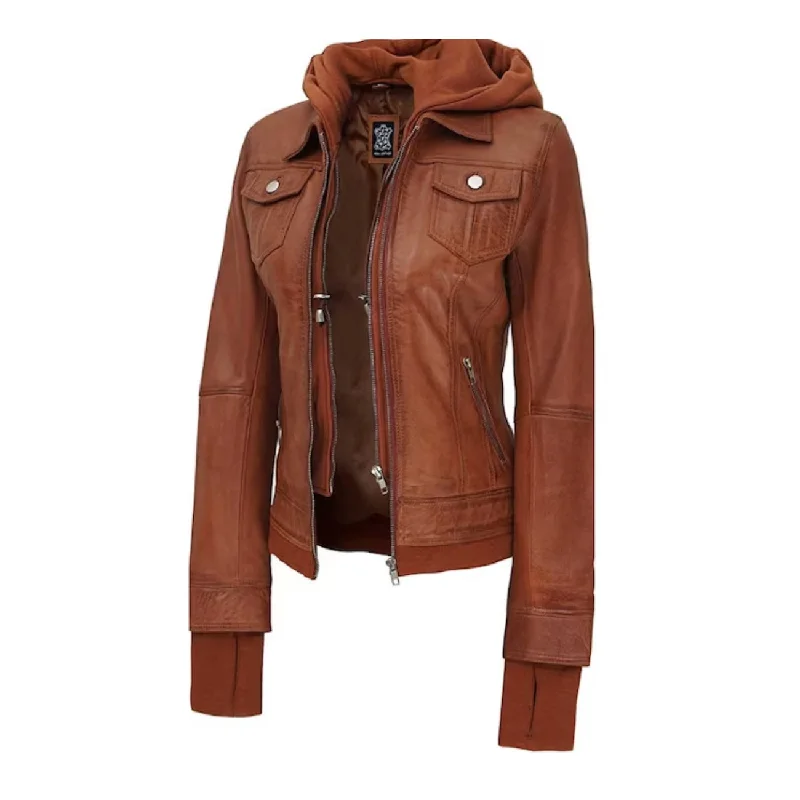 Hooded Brown Leather Bomber Jacket Women Utility Pocket Bomber