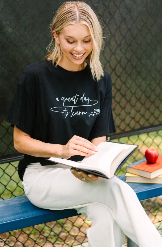 It's A Great Day To Learn Black Graphic Tee Casual Roll-Up Overalls