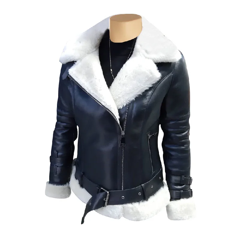Jayne's Sheepskin Black and White Biker Shearling Jacket Metallic Silver Bomber