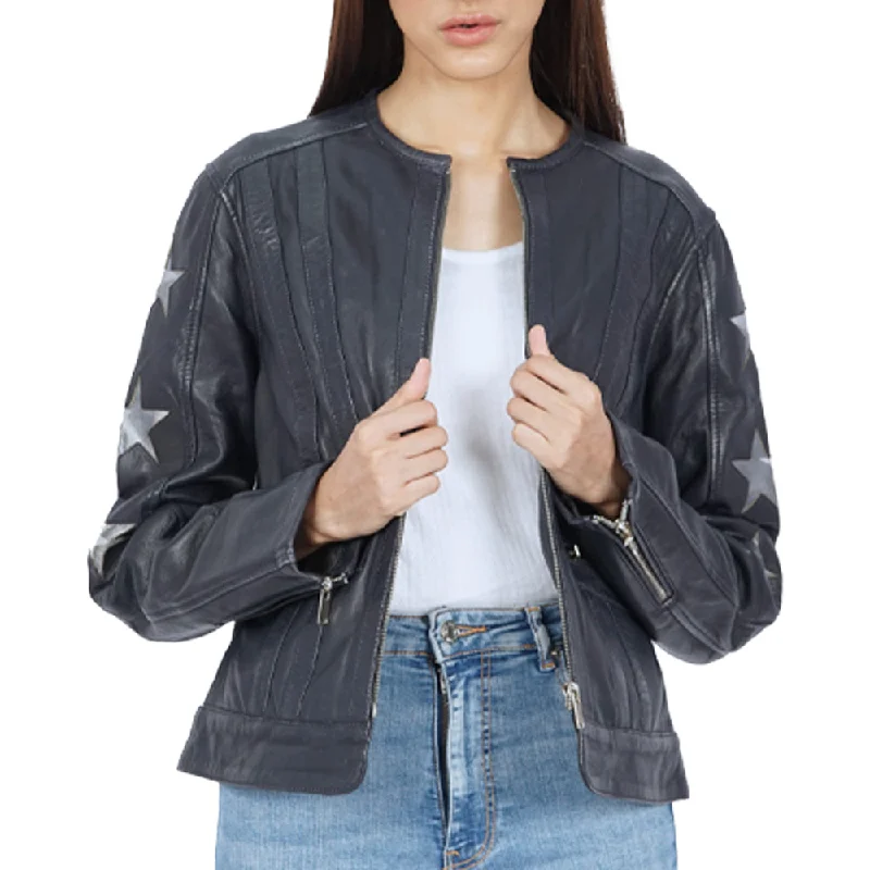 Jenna Star Navy Blue Leather Jacket Lightweight Loungewear Bomber