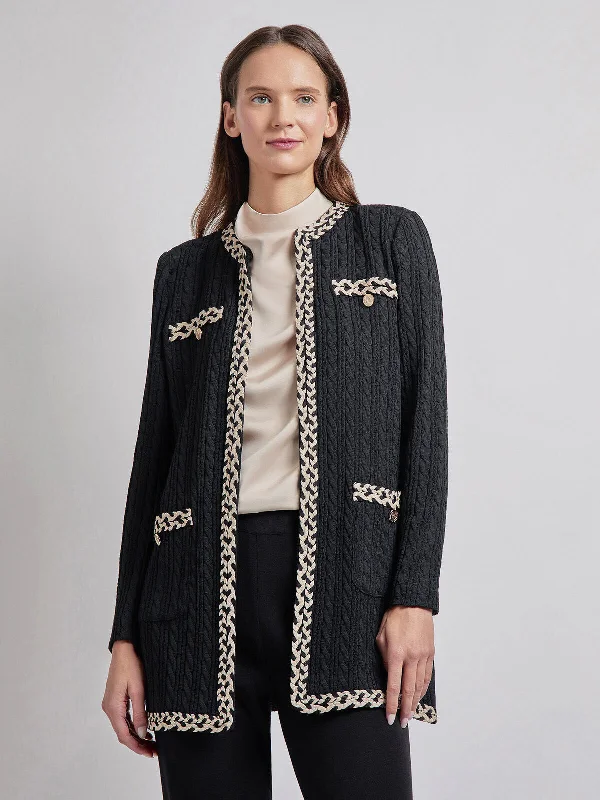 Jewel Neck Contrast Trim Cable Knit Jacket Comfy Travel Overalls