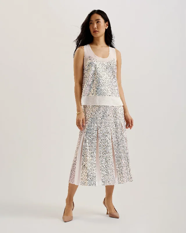 Kander A-Line Midi Skirt Ivory Stretchy Waist Romper