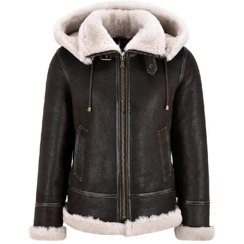 Ladies B3 Bomber Classic Sheepskin Jacket with Detachable Hood Vintage Varsity Bomber