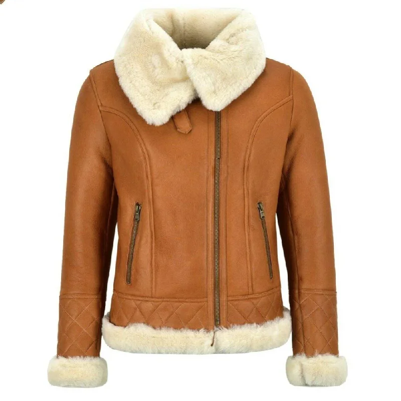 Ladies B3 White Shearling Asymmetric Real Fur Bomber Jacket Casual Travel Bomber