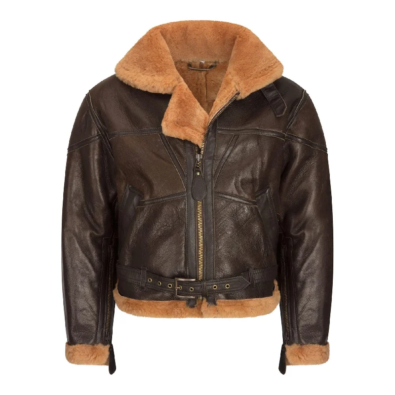 Ladies Brown Real Sheepskin Flying Jacket Camel Fur Belt Vintage Zipped Winter All-Season Bomber Coat