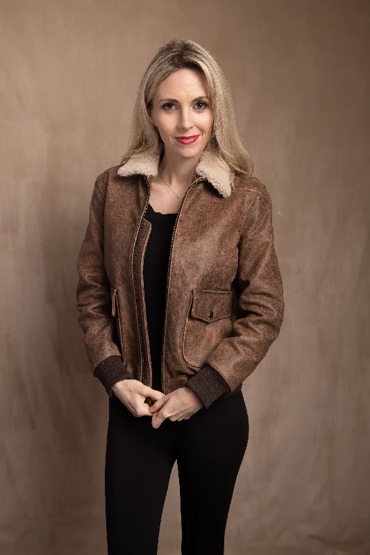 Ladies Military Short Bomber with Shearling Collar Soft Fleece Bomber