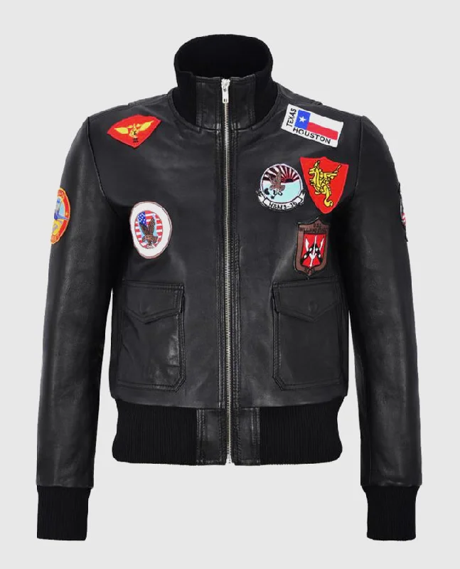 Women's Top Gun Black Bomber Jacket With Badges Zippered Jacket Buttoned Jacket Snapped Jacket