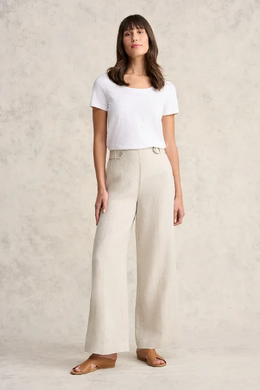 Full Length Waist Tab Linen Pant - Natural Cross Dye Rolled Hem Overalls