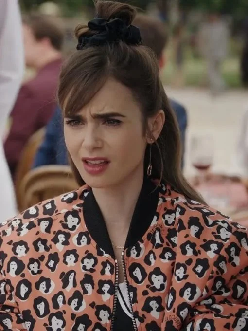 Lily Collins Emily In Paris S03 Orange Bomber Jacket Drawstring Hem Bomber