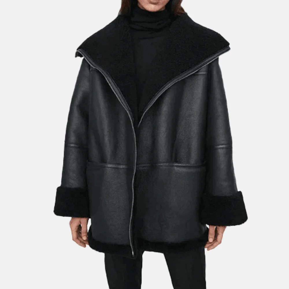 Long Furry Women Bomber Leather Jacket Faux Fur Bomber
