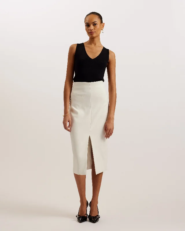 Manabus Tailored Midi Pencil Skirt With Front Split White Distressed Denim Overalls