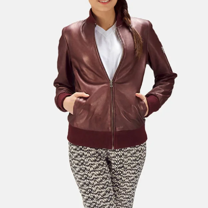 Women Sheepskin Maroon  A1 Bomber Leather Jacket Asymmetrical Zip Bomber