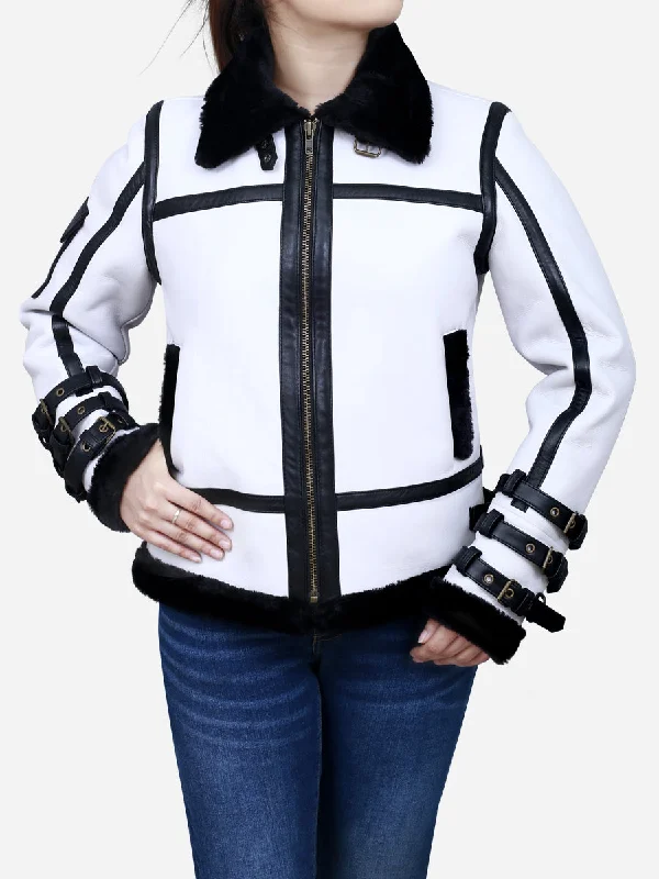 Medusa Women's White Leather B3 Bomber Jacket Fuzzy Oversized Bomber