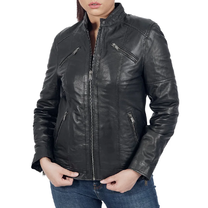 Miak Biker Black Leather Jacket Camouflage Print Bomber