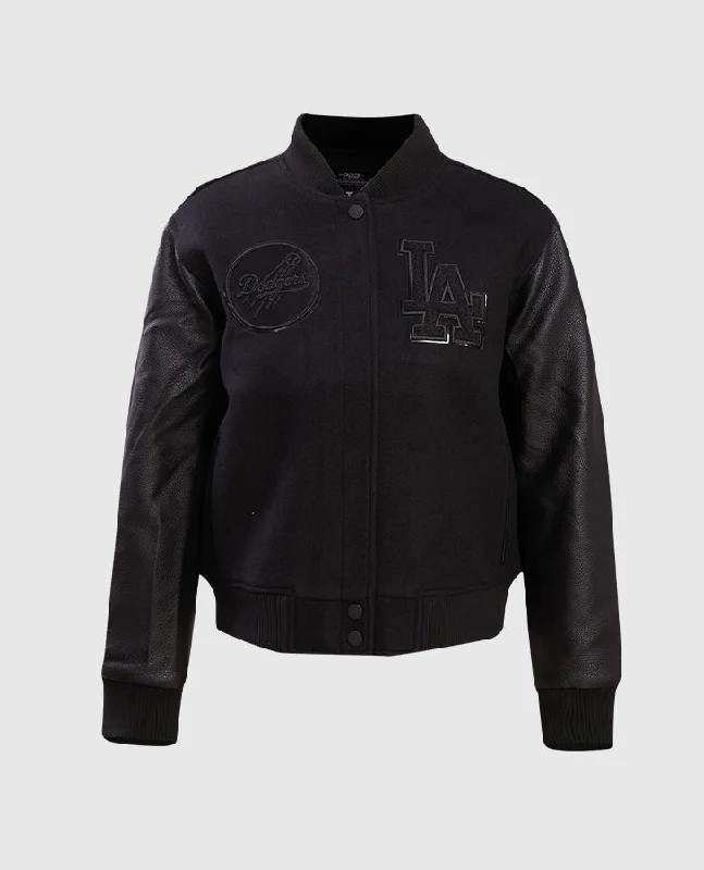 MLB Los Angeles Dodgers Women's Black Varsity Jacket Welt Pockets Slit Pockets Flap Pockets