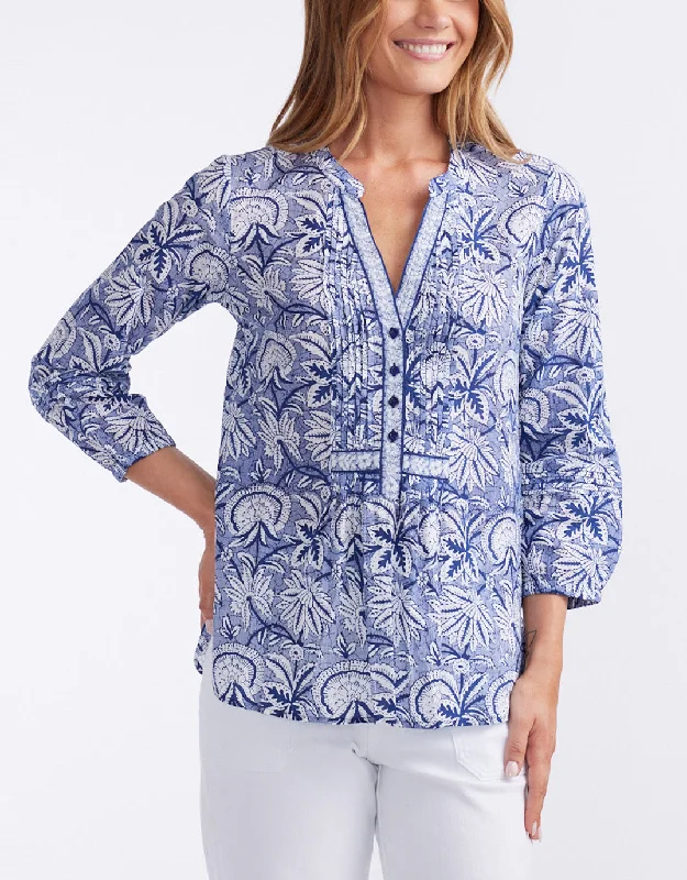 Natalie Cotton Blouse - Malta Navy High-Neck Overall Dress
