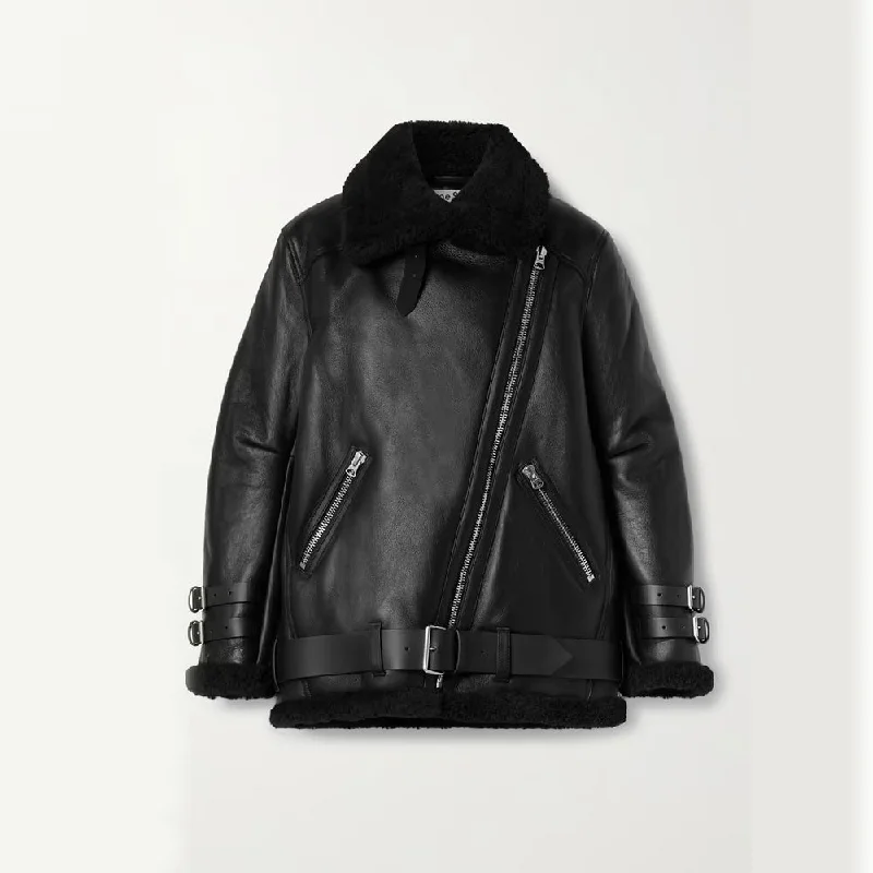 New 2024 Black RAF Sheepskin Shearling Trimmed  Leather Biker Jacket Chic Monochrome Bomber