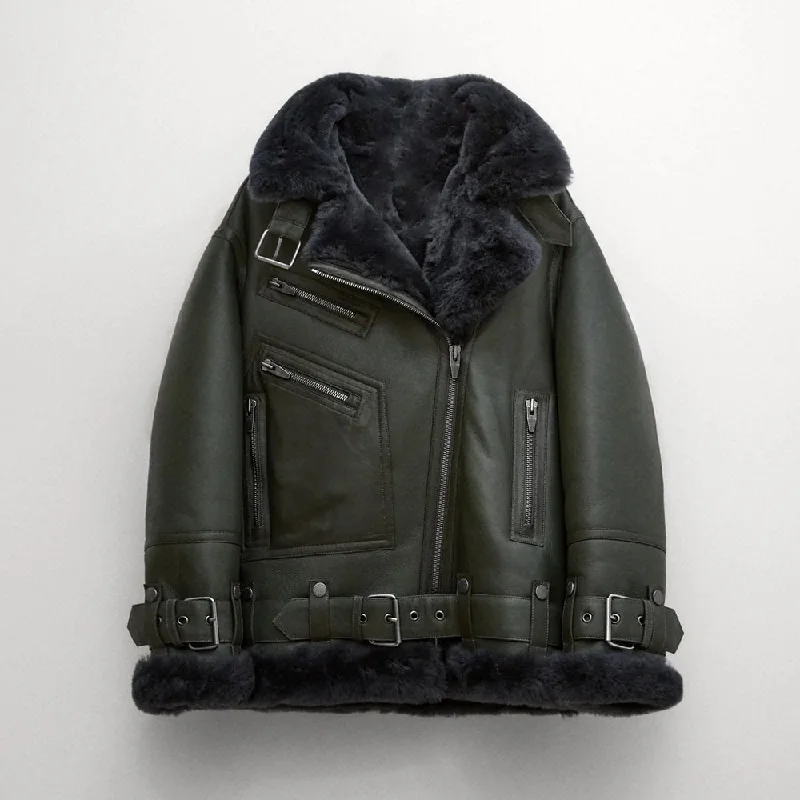 New 2024 Sheepskin Green RAF Aviator Styled Shearling Leather Jacket Stylish Shiny Bomber